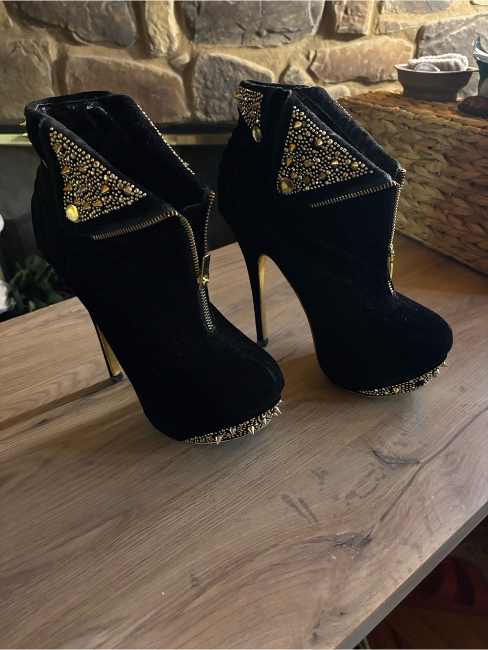 Alba Black Velvet Studded Platform Ankle Boots with Gold Accents - Picture 2 of 7